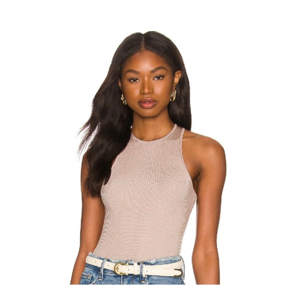 Good American | Angled Ribbed High Neck Bodysuit in Mink001 Taupe Size 3 Large